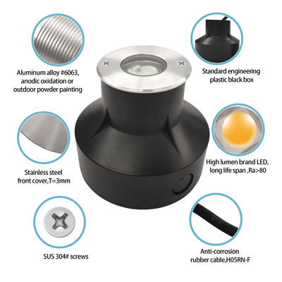 지상 내장 조명 1W 2W 3000k 따뜻한 흰색 IP67 좋은 열 분산 알루미늄 몸체