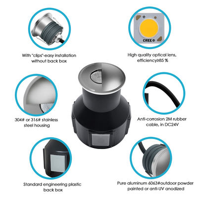 LED 지하 매립등 1W 2W DC12/24V IP67 알루미늄 하우징 스테인리스 스틸 페이스 커버 레진 충전