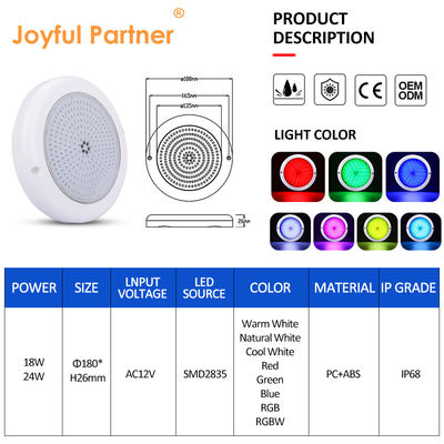 색을 바꾸는 수영장 조명 ABS PC RGB Emtting 12V 입력 따뜻한 흰색 표면 장착