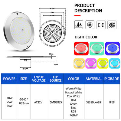 SUS316 덮개 장착 IP68 DC12V 3000K 수중 LED SPA 연못 조명