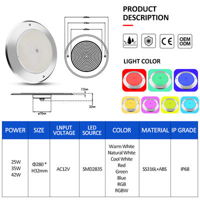 수중 LED 수영장 조명 316 스테인리스 스틸 25W Smd2835 樹脂 3000K RGB 수영장 램프 SMD 2835 AC 12v IP68 완전 방수