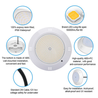 에포시 樹脂 채운 수중 수영장 라이트 벽에 장착 된 ABS 하우징 IP68 AC12V 18W Dia 260mm