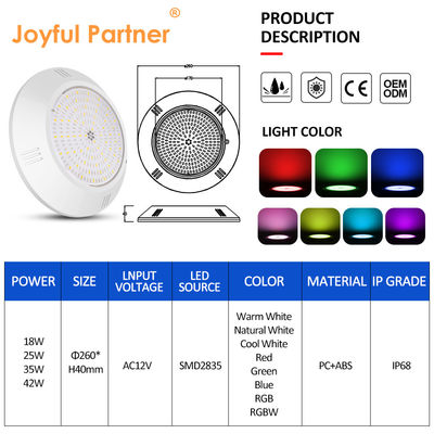 에포시 樹脂 채운 수중 수영장 라이트 벽에 장착 된 ABS 하우징 IP68 AC12V 18W Dia 260mm