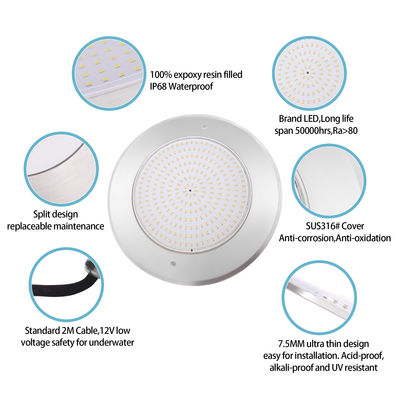 방수 PAR56 LED 수영장 라이트 316 SS ABS 하우징 울트라 얇은 7.5mm 거미로 채워진 벽에 장착 230MM 18W 25W DC AC12V