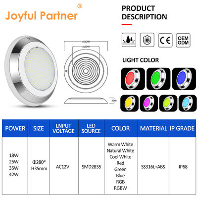 수중 수영장 조명 AC12V 스테인리스 스틸 색상 변경 벽 장착 RGB ø280 * 35mm