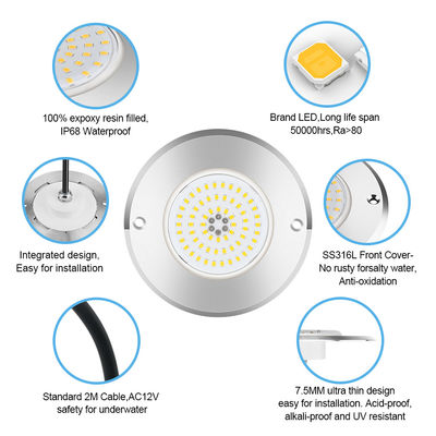 Par 56 RGB LED 수영장 조명 6W 10W 18W 25W 35W 42W 울트라 슬림 7.5mm 초슬림 레진 충전 AC 12V 전압 SMD LED, SS316L 재질