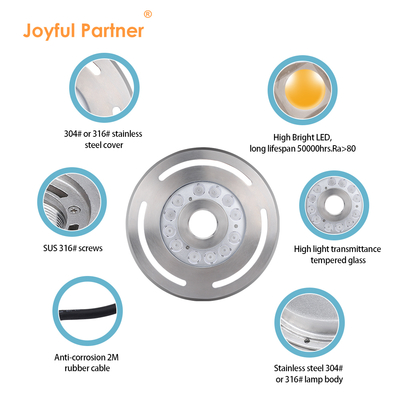 수중 LED 분수 조명 IP68 12W 24W 36W 온백색 청색 RGB 스테인리스 스틸 316L, 직경 285mm