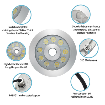 LED 분수 조명 316 스테인리스 스틸 RGB 단색 170*61MM DC12V / 24V IP68 방수