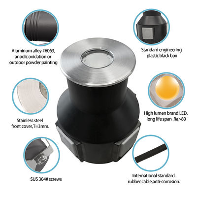 IP67 지하 조명 저전압 1W 3W 3000K DC24v 원형 정사각형 모양 스테인레스 스틸 앞 덮개