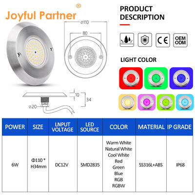 6W 초슬림 수중 PAR56 수영장 램프 SMD LED 2835 방수 110x34MM DC12V/AC12V