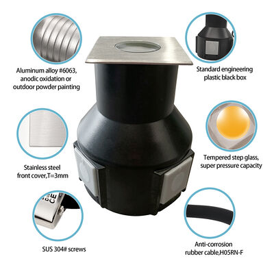 매립형 LED 조명 빔 각도 8도 DC24V 3W 3000K 50*50MM IP67 알루미늄 본체