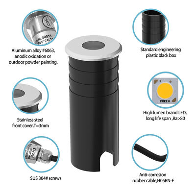 LED 업라이트 316 스테인리스 스틸 커버 알루미늄 램프 보디 온화 유리 IP67 1W 따뜻한 흰색 3000K